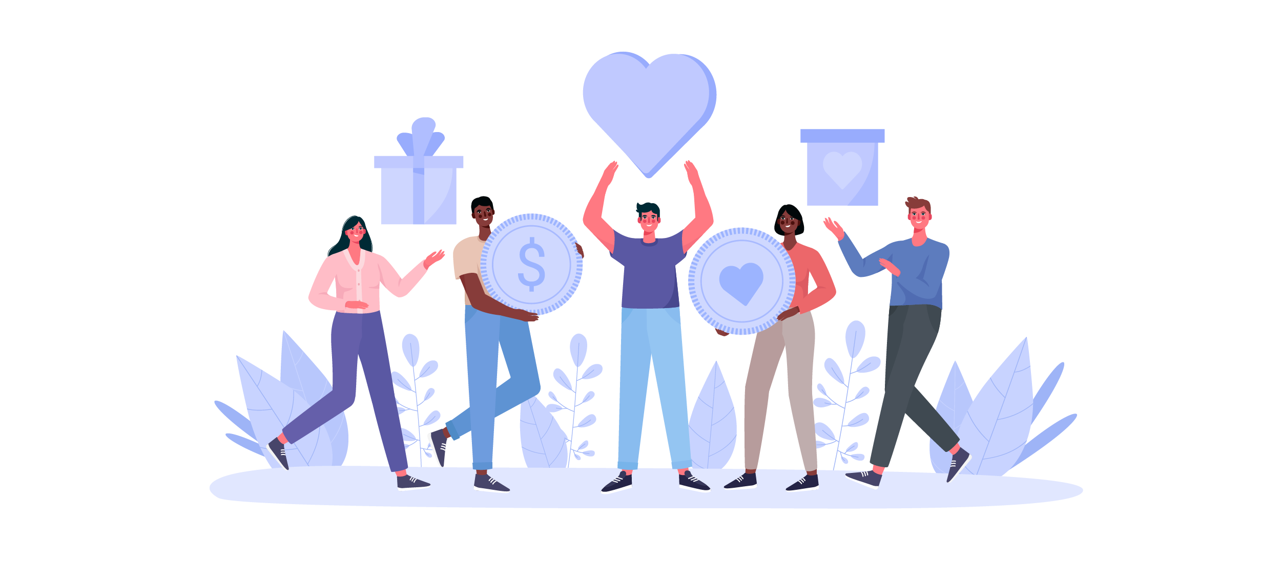 illustration of people holding up heart, money, gifts