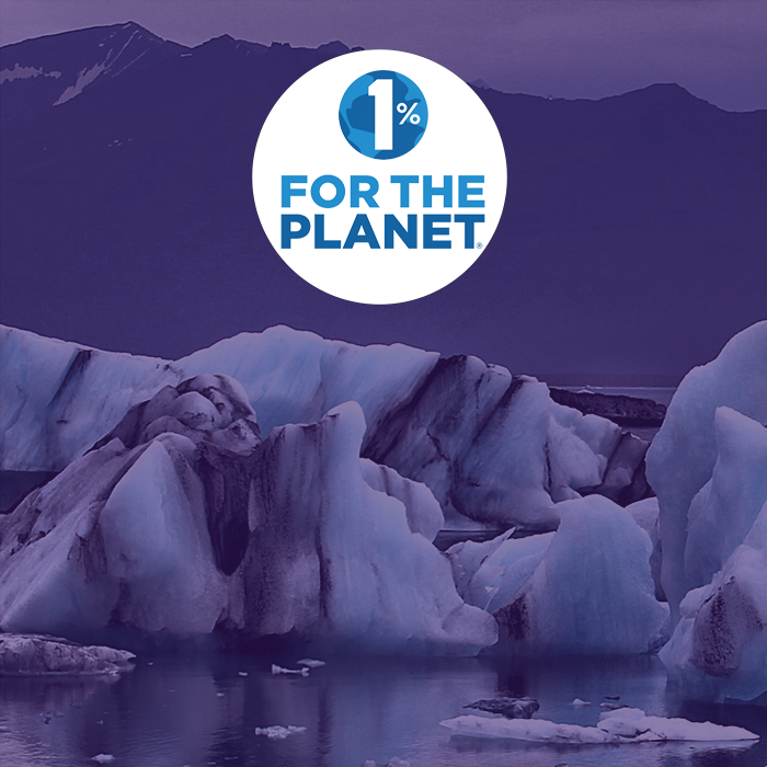 one percent for the planet logo with melting icebergs in background
