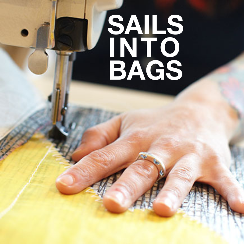 image of a person's hands sewing sail material with text overlay "Sails into bags"
