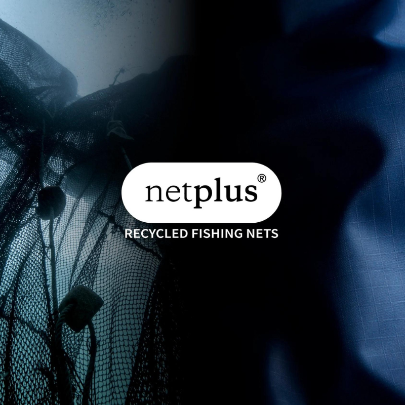 image of fishing nets on the left and jacket shell on the right with Netplus logo and Recycled fishing nets byline underneath